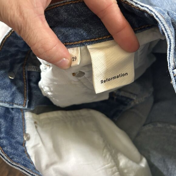 Reformation Retooled Distressed Blue Denim Mini Skirt Salton Wash Size 29 LY397 - Picture 6 of 10